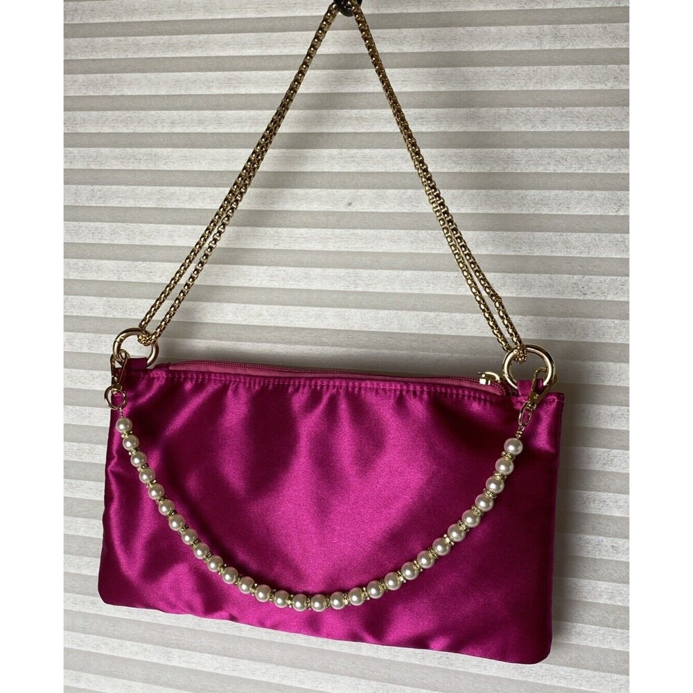Pink Satin Rectangular Single Pocket Purse Removable Chain & Pearl Straps 6.5X11